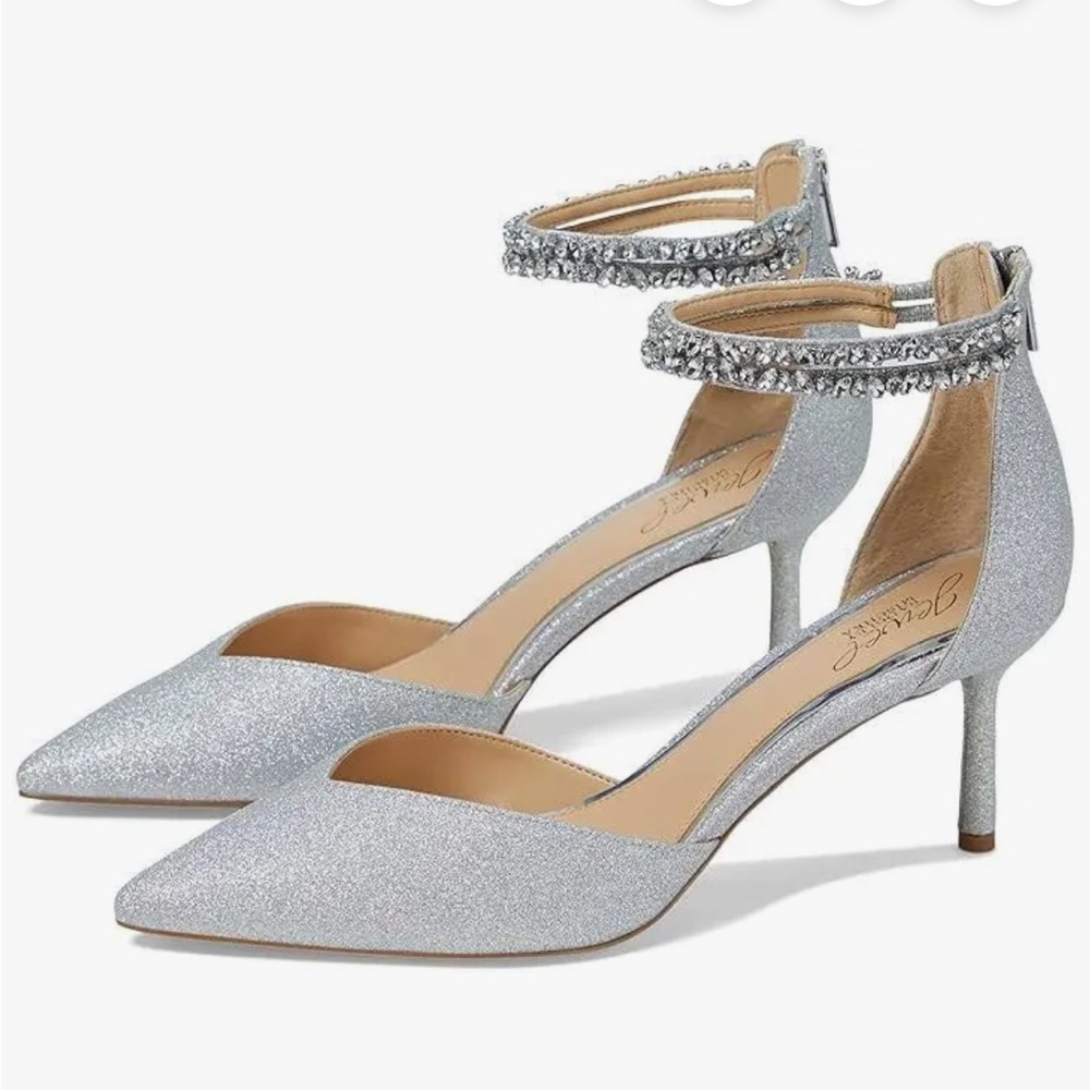 Badgley Mischka Jewel Silver Heels with Rhinestone Strap